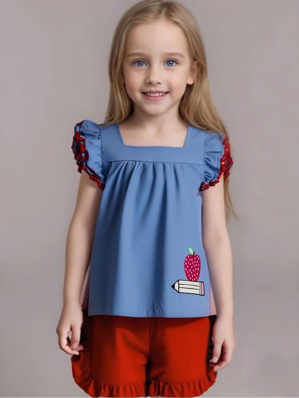 Blue Ruffle Sleeve Top & Red Ruffle Shorts Set - Apple Pencil Applique